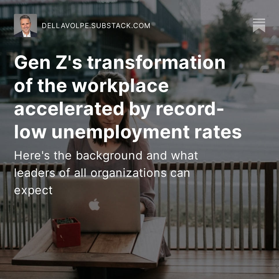 dellavolpe's tweet photo. Lowest unemployment rate in generations = more leverage for #GenZ + a more rapidly changing workplace.  My piece on the values driving this &amp; what we all can expect.

https://t.co/ZogG6Ddkrb https://t.co/RmAasplBq3