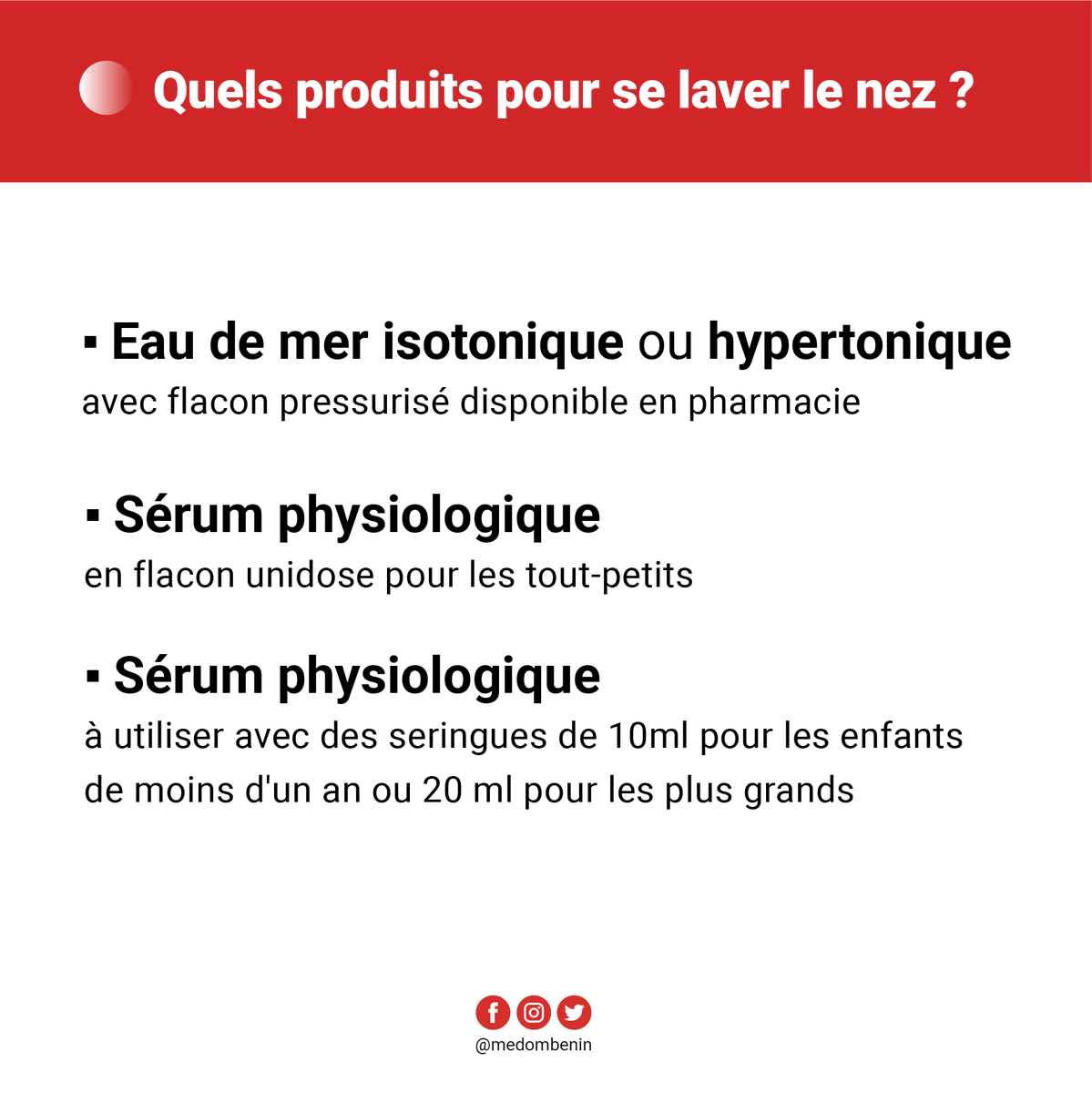 BeninMedom's tweet photo. Dans ce nouveau numéro, MEDOM-BENIN vous apprend tout sur cette pratique. Pourquoi faire le lavage de nez? Comment le faire? Quelles sont les précautions à prendre? Etc
N’hésitez pas à nous laisser vos questions en commentaire. https://t.co/Bnqe0MgJ81