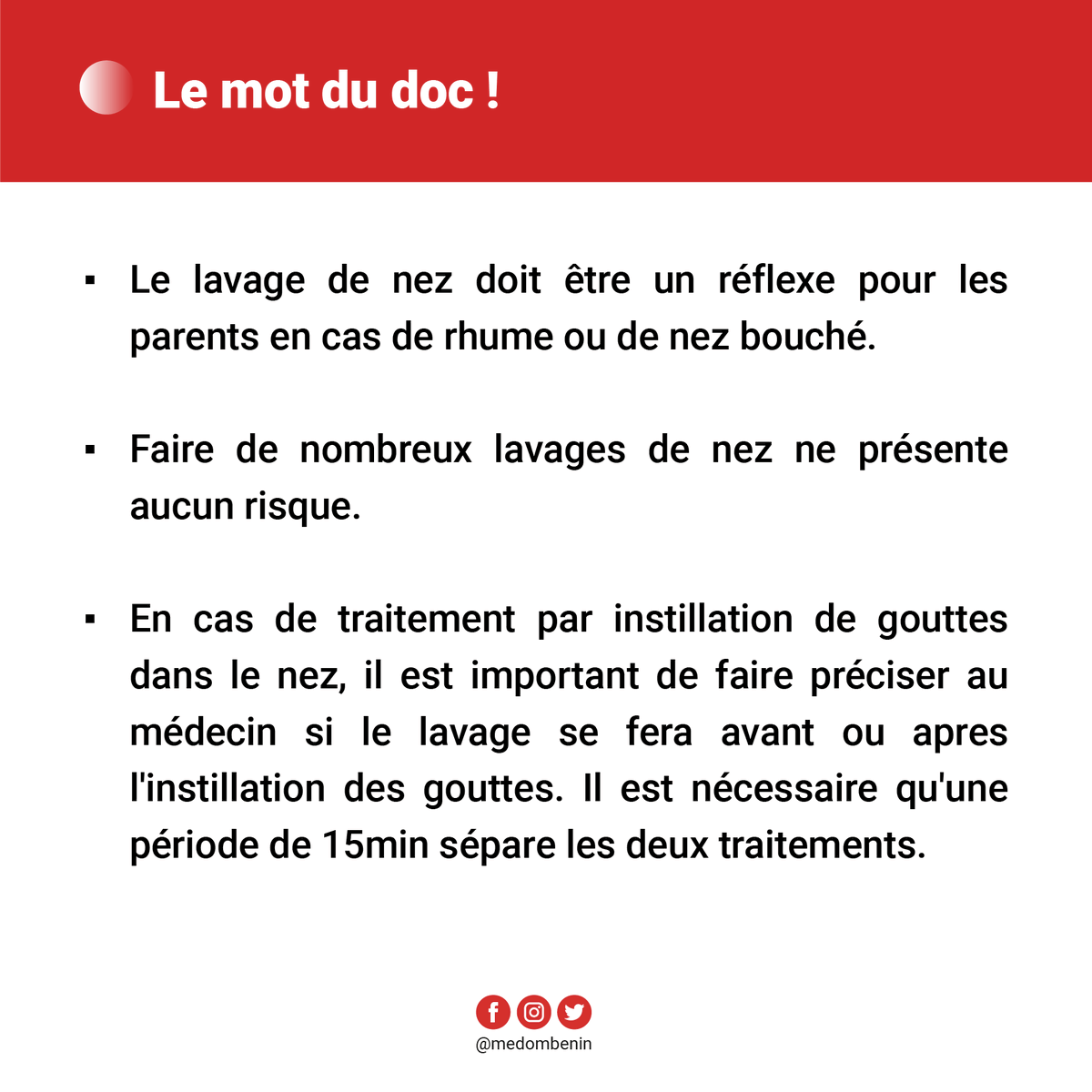BeninMedom's tweet photo. Dans ce nouveau numéro, MEDOM-BENIN vous apprend tout sur cette pratique. Pourquoi faire le lavage de nez? Comment le faire? Quelles sont les précautions à prendre? Etc
N’hésitez pas à nous laisser vos questions en commentaire. https://t.co/Bnqe0MgJ81