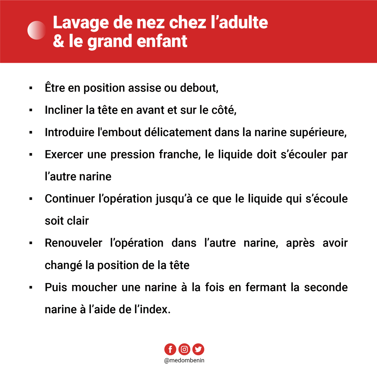 BeninMedom's tweet photo. Dans ce nouveau numéro, MEDOM-BENIN vous apprend tout sur cette pratique. Pourquoi faire le lavage de nez? Comment le faire? Quelles sont les précautions à prendre? Etc
N’hésitez pas à nous laisser vos questions en commentaire. https://t.co/Bnqe0MgJ81