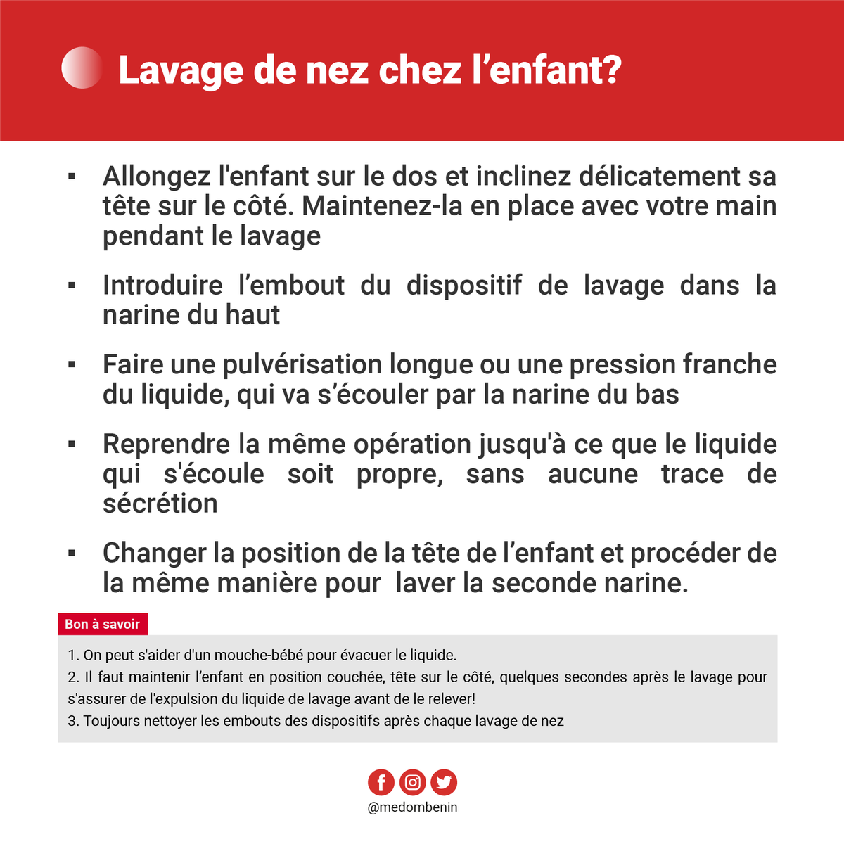 BeninMedom's tweet photo. Dans ce nouveau numéro, MEDOM-BENIN vous apprend tout sur cette pratique. Pourquoi faire le lavage de nez? Comment le faire? Quelles sont les précautions à prendre? Etc
N’hésitez pas à nous laisser vos questions en commentaire. https://t.co/Bnqe0MgJ81