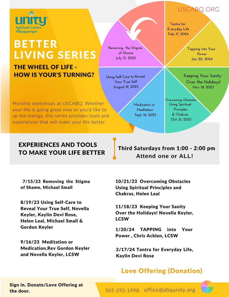 UnityABQ's tweet image. Our BETTER LIVING SERIES starts on Saturday, July 15! Whether your life is going great or you'd like to up the energy, these workshops will provide you tools and experiences for better living. Attend one or all. Monthly on the THIRD SATURDAY, 1:00 - 2:00 pmLove offering/donation.
