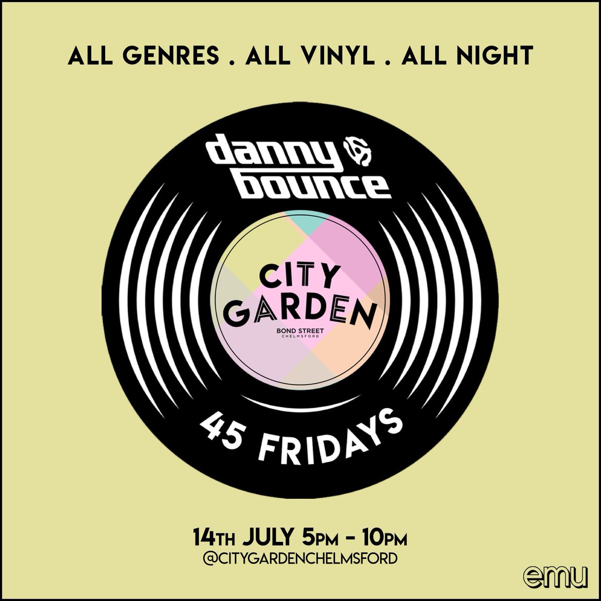 BlokeyMan's tweet photo. Playing 45’s this Friday at the glorious @citygardenchelmsford
Literally something for everyone genre wise from Jazz to Funk, Pop to Rock, RnB to Reggae and Hip Hop to House.
come pull up a deck chair and kick it. 

#vinyl #Chelmsford #45Friday #CityGardenChelmsford https://t.co/Njm96eZyA6