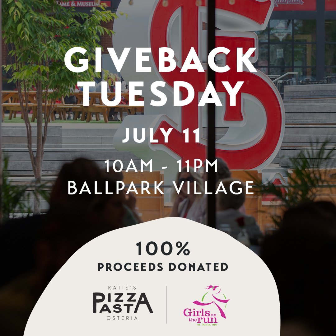 Today is the day! Join us at Katie's in Ballpark Village to help support Girls on the run St. Louis. 100% of the proceeds from sales today will help support and empower young girls around the St. Louis area! So stop in, enjoy delicious food, and support an amazing cause.
