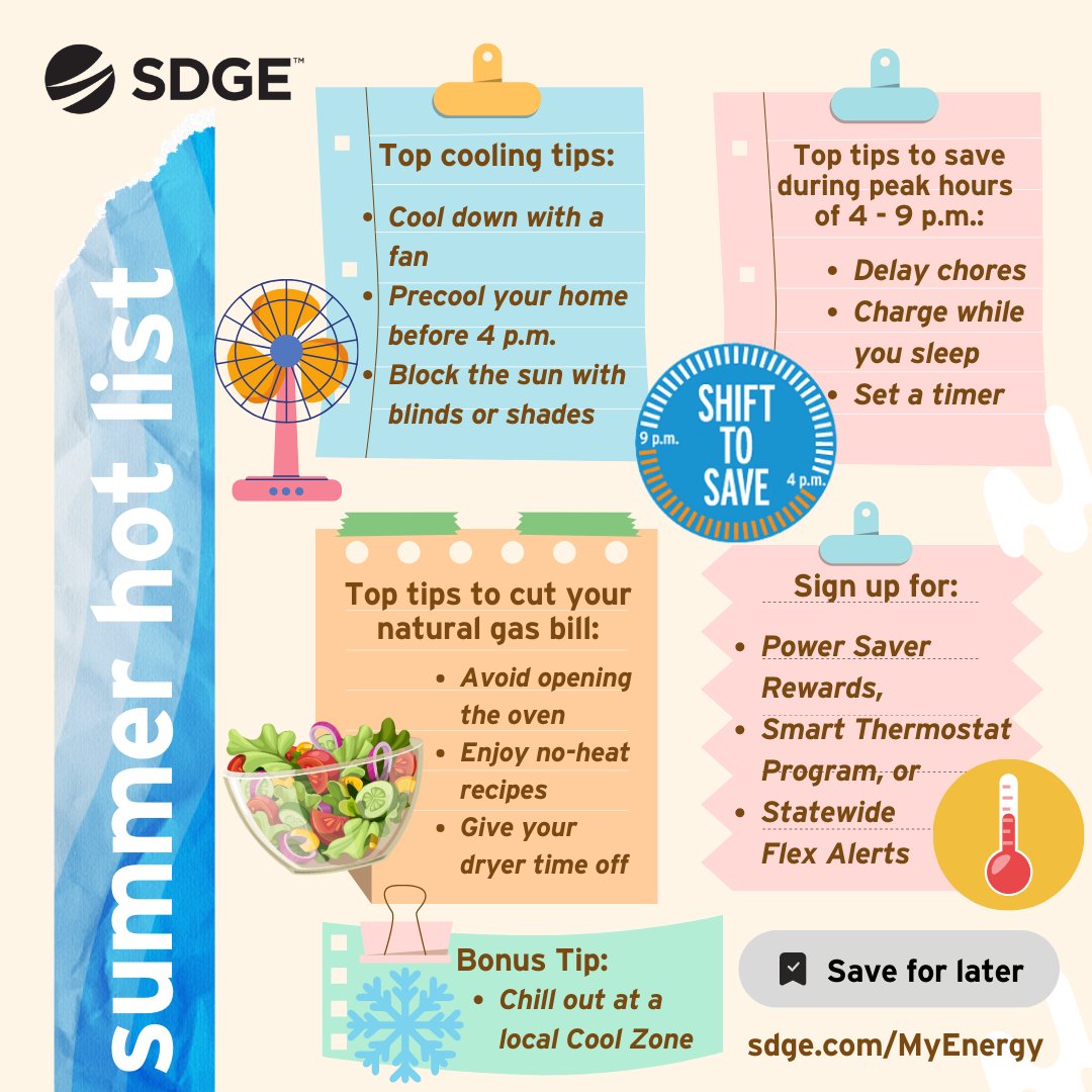 SDGE's tweet photo. 🌞 Keep cool with our summer hot list. 👇
ℹ️ Additional tips & resources at https://t.co/XC8kHMEZUj. https://t.co/jr1AISZBjn