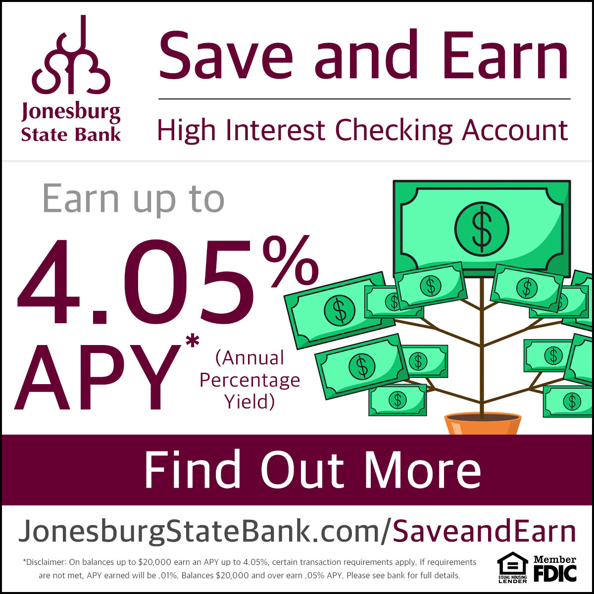 JonesburgStBank's tweet image. Are you getting 4.05% interest on your checking account? At Jonesburg State Bank, now you can! 

Contact us for additional information and learn more bit.ly/3BotCiR 

#SaveandEarn #HighInterestChecking #APY #Bank #Jonesburg
