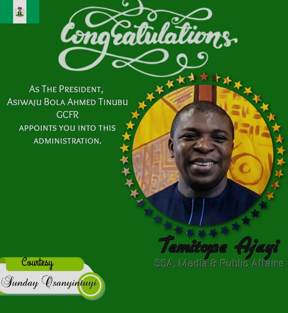 SundayOs's tweet photo. Congratulation is in order for my friend Temitope Ajayi as he is appointed Senior Special Assistant Media and Public Affairs to president @officialABAT .

This is an honour well deserved. My prayer is for divine wisdom, grace for distinction and uncommon favour as you perform. https://t.co/xCPQllktdD