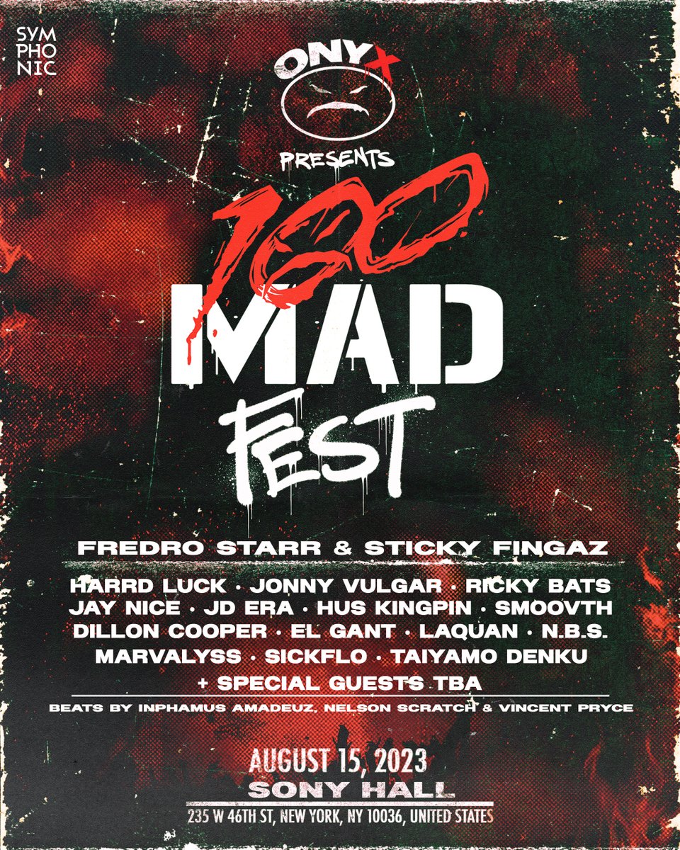 <a href="/100MADHQ/">100 MAD</a> FEST <a href="/SonyHall/">Sony Hall</a> 08/15
Tickets: sonyhall.com/events/onyx-pr… #100MAD