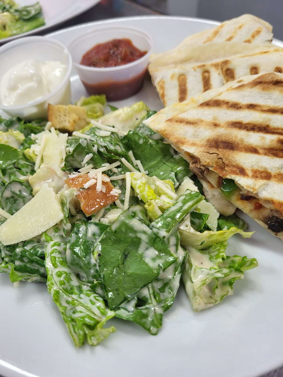 #lunchfeature #Tuesday Pulled Beef Quesadilla w/Salad. Broccoli Cheese Frittata or Steak &amp; Ale Pie w/Soup. Cream of Chicken or Minestrone Soup w/Bun. #medhat