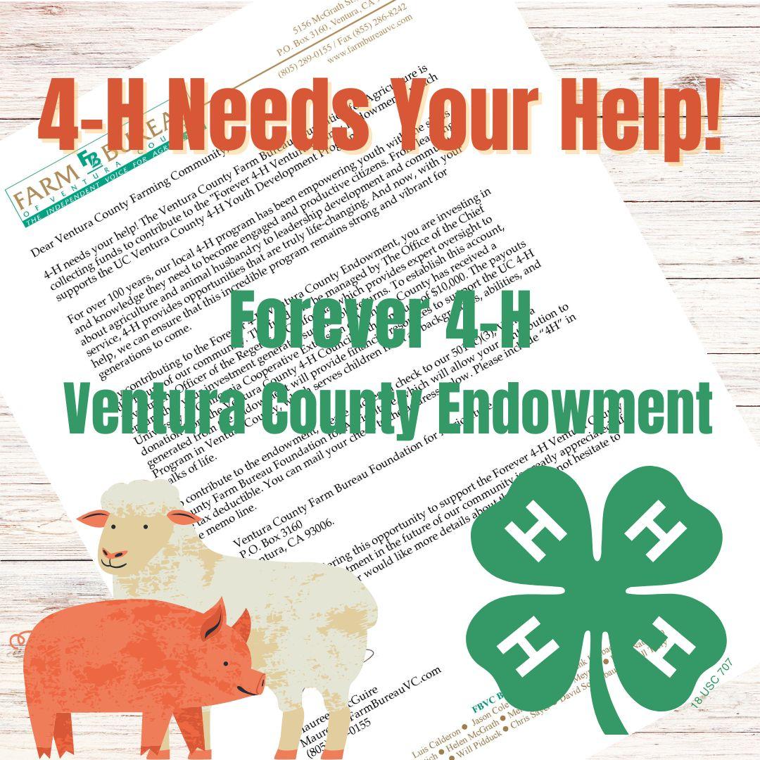 Join the Ventura County 4-H Council, University of California Cooperative Extension of Ventura County, and the Ventura County Farm Bureau Foundation in establishing a “Forever 4-H Ventura County Endowment”. For more information visit: conta.cc/3riwQm8