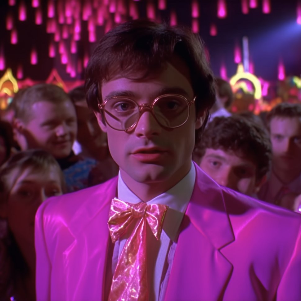 Mr_AllenT's tweet photo. Prompt Share: 1980's High School Prom 🪩 😂  

I have been having too much fun with this prompt today and had to share it. Create 1980's style prom photos of your favorite celebrities or fictional characters.   

Prompt: Fluorescent blacklight, vhs screengrab of a live-action 1980’s sitcom featuring an [Subject] at prom with fluorescent blacklights, 1980 style clothing --style raw

Enjoy and share away! 😎

@elonmusk - check out your snazzy tux
