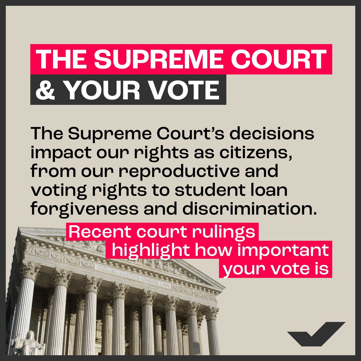 MichelleObama's tweet image. I know that a lot of you are frustrated with some of the Supreme Court's recent decisions. I am, too. 
 
But just being disappointed isn’t going to get us anywhere. We’ve got to remember that our elections — from the White House to the local courthouse — play a critical role in…
