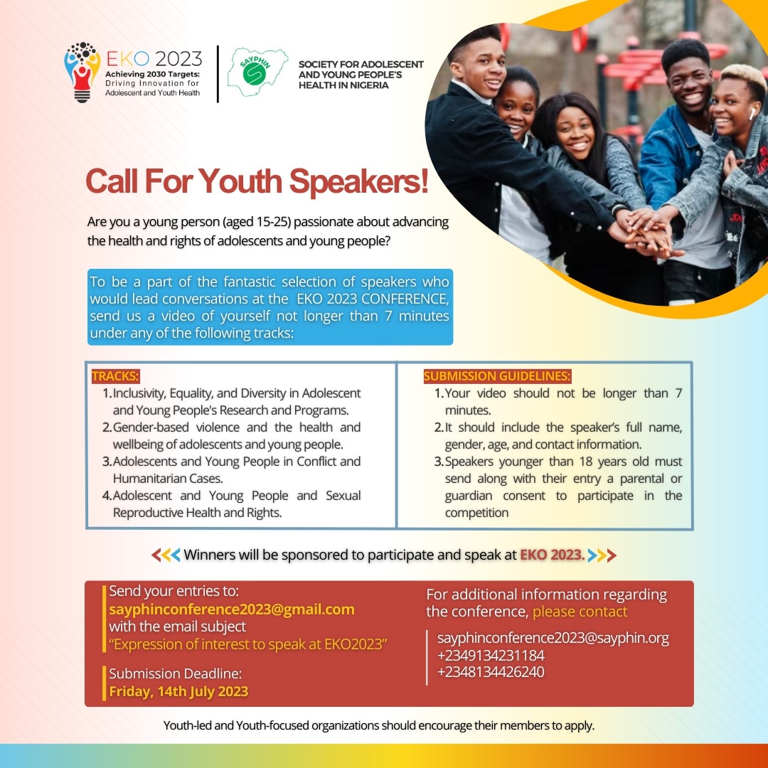 IbroOla's tweet photo. BE A SPEAKER AT EKO 2023

This is a call for young people between the ages of 15-25 passionate about advancing the health and rights of adolescents and young people to be part of the speakers who will be leading the conversation at the EKO 2023 CONFERENCE

#SAYPHINEko2023 https://t.co/hKDlHJOwwN