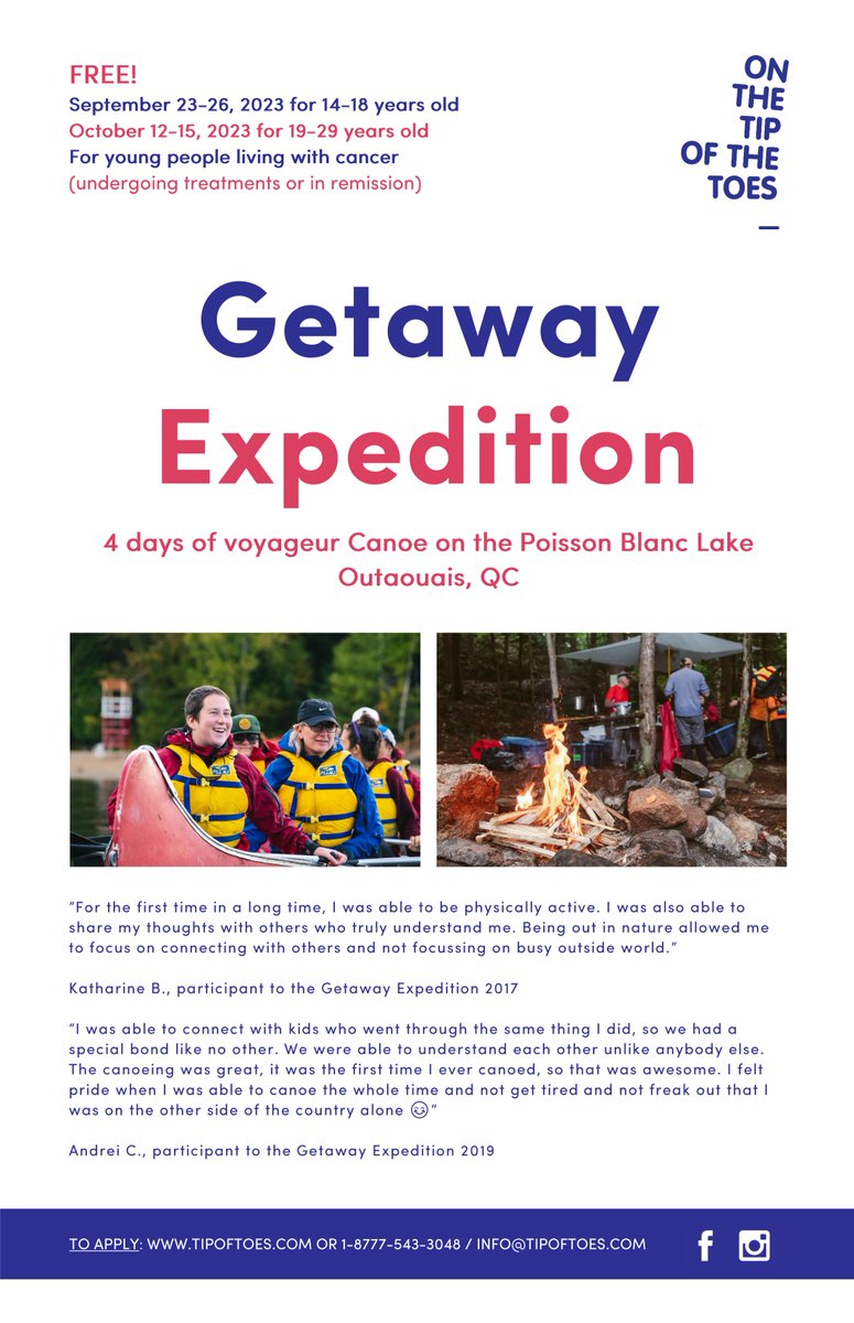 Check out this amazing getaway opportunity for young people living with cancer, from Sur La Pointe Des Pieds (On The Tip of The Toes Foundation).

Now registering for Fall 2023 Getaway Expeditions. 
To Apply: tipoftoes.com or info@tipoftoes.com
<a href="/ayaprogram/">AYA Program at PMH</a>