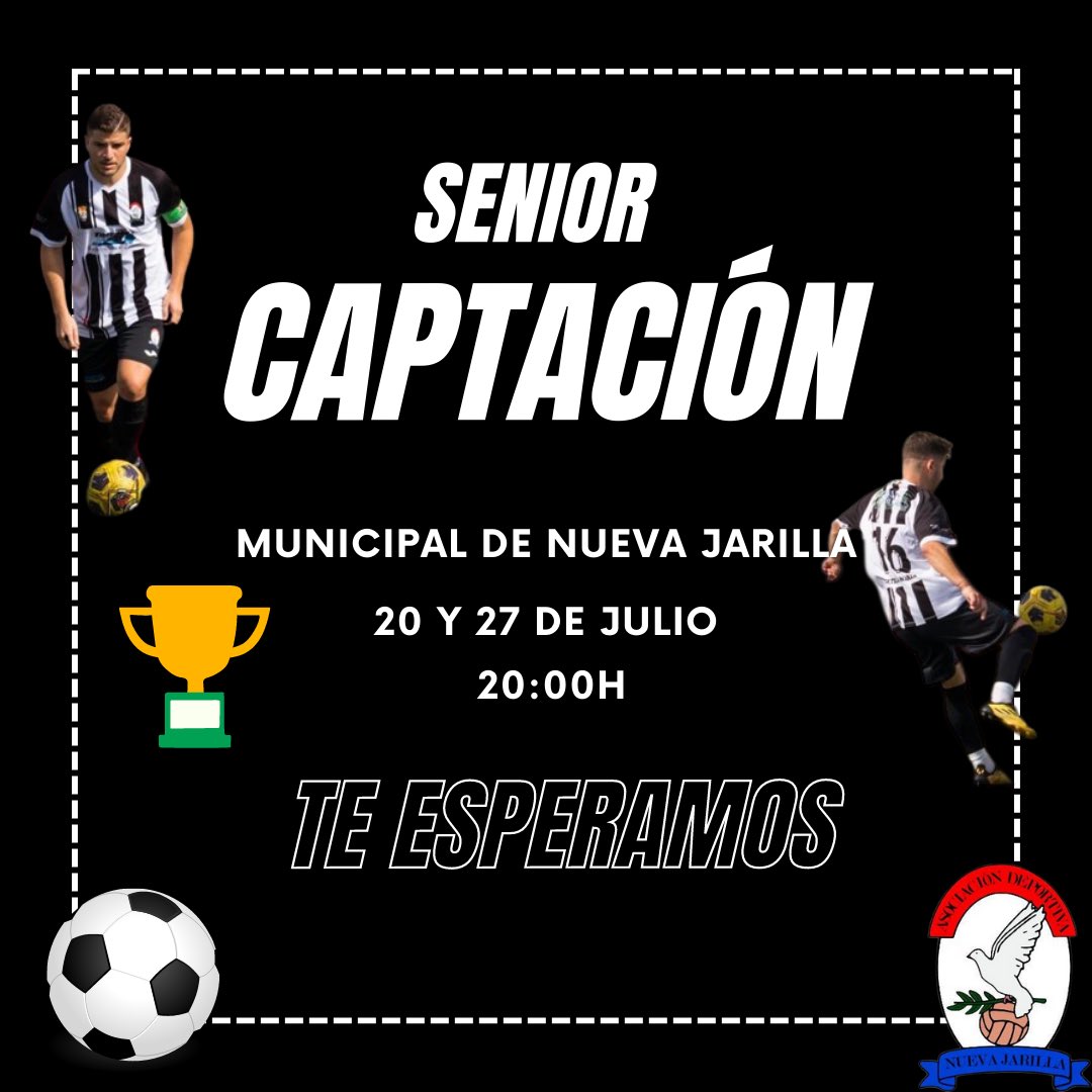 ⚽️¡𝐂𝐀𝐏𝐓𝐀𝐂𝐈𝐎́𝐍!

El próximo jueves 20 de julio realizaremos una captación a nivel Senior. Serán dos tardes en las que podrás demostrar tu calidad y así formar parte de nuestro club. 

¡Anímate y ven a casa!🖤🤍

#NosotrosSomosNuevaJarilla