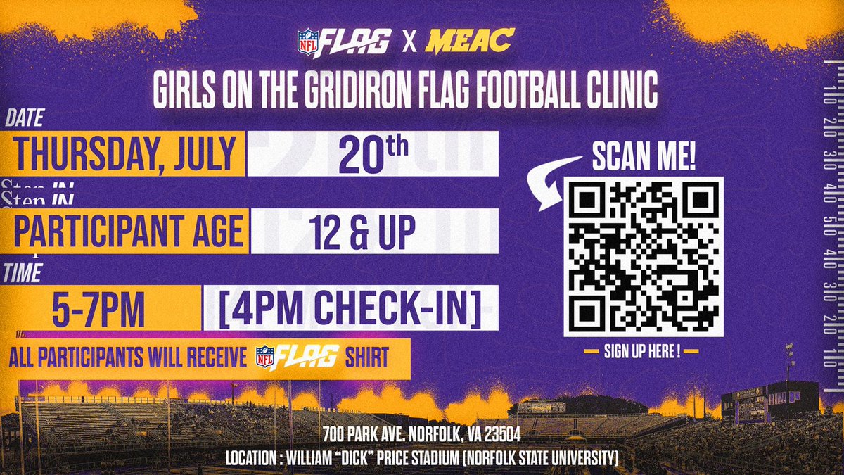 The inaugural Girls on the Gridiron Flag Football Clinic is happening July 20 at @NorfolkStateFB’s Dick Price Stadium 👏🏾 Girls age 12+ will participate in drills, learn new skills and get coaching from @MEACSports head football coaches. Register here 👉🏿 bit.ly/3PLJ5So