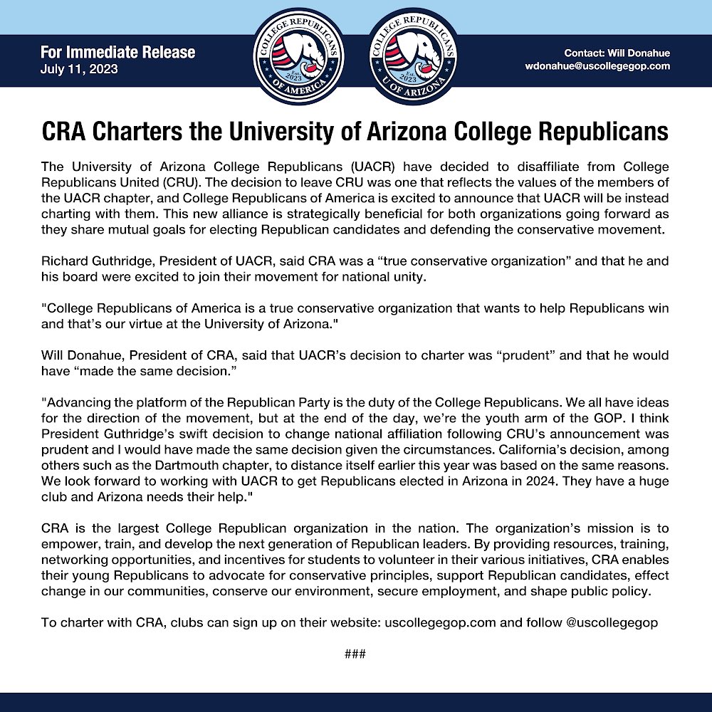 BREAKING!! The University of Arizona CRs @uofa_gop have decided to disaffiliate with CRU and have instead chartered with CRA. UACR has a club over 150 members and we are very excited they will be joining the team!