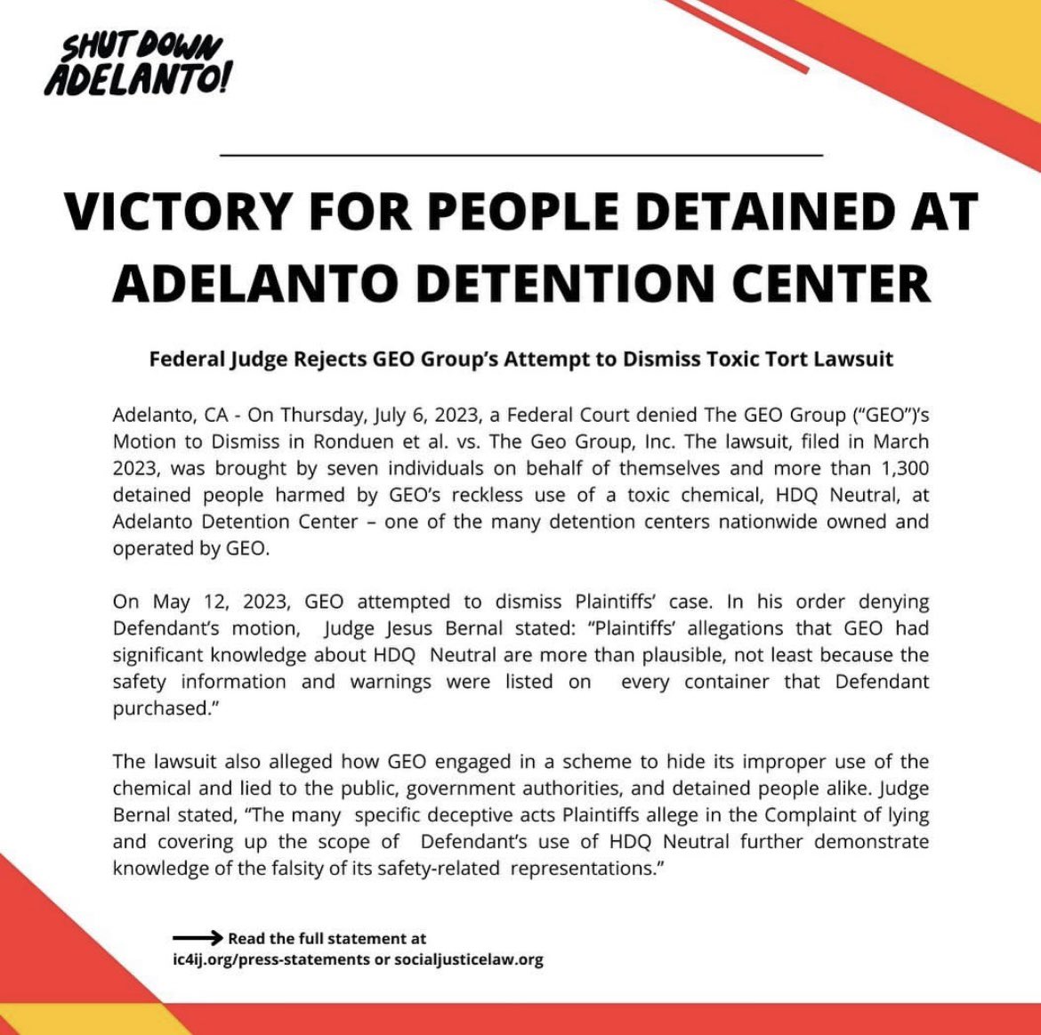 PRESS RELEASE OUT NOW 🗣️ We are thrilled with Judge Bernal's decision to deny GEO's motion to dismiss. The <a href="/SocialJusticeLF/">The Social Justice Legal Foundation</a> team shares what this victory means for the plaintiffs on the case 🙌

🔗 ic4ij.org/press-statemen…