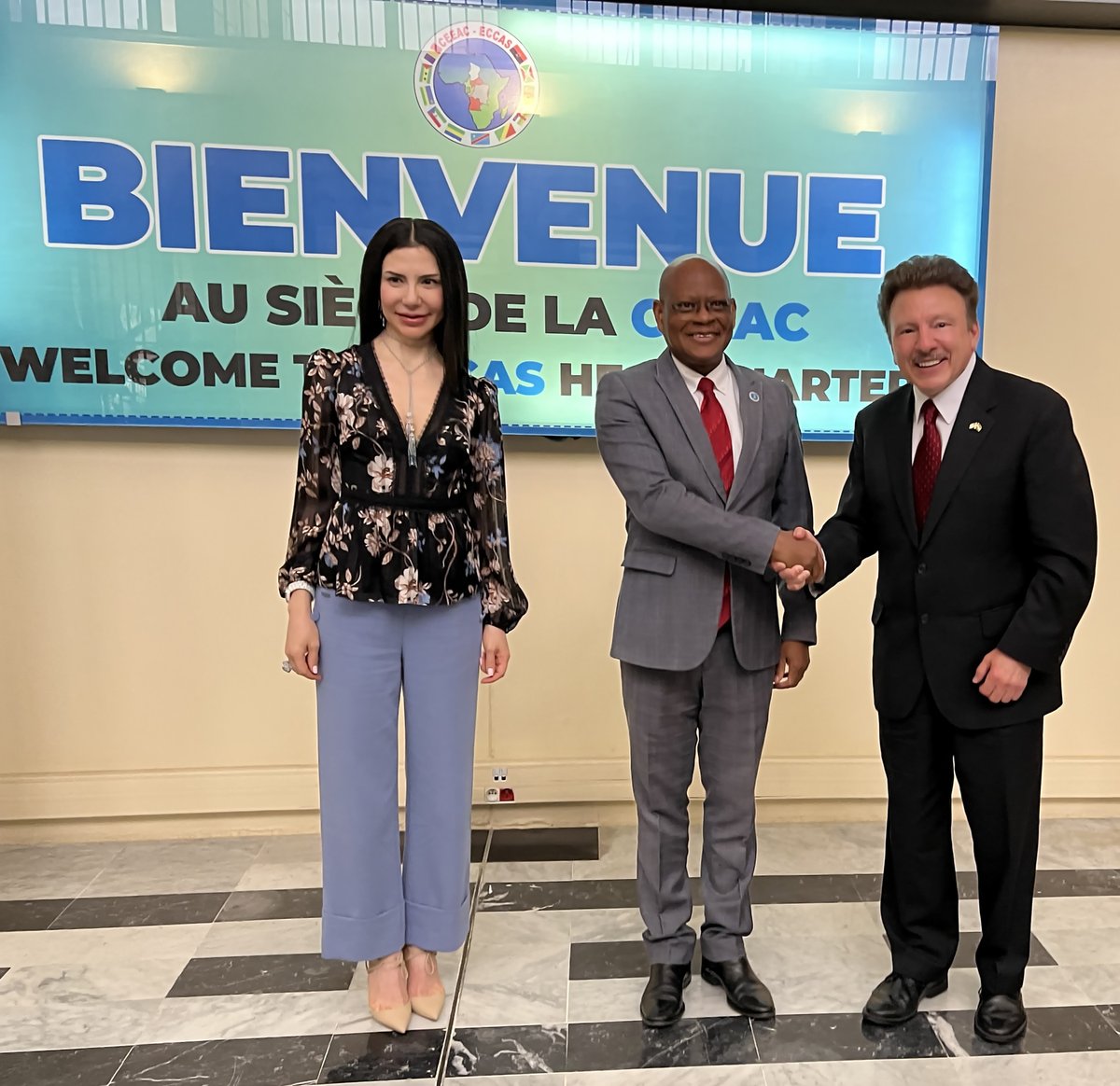 Amb. Gilberto da Piedade Verissimo (center), President of the ECCAS Commission, welcomes H.E. <a href="/AlineYounes2/">Aline Younes</a> (left), Lebanese Ambassador to Gabon and ECCAS, and Mr. David Hamod, NUSACC President &amp; CEO.