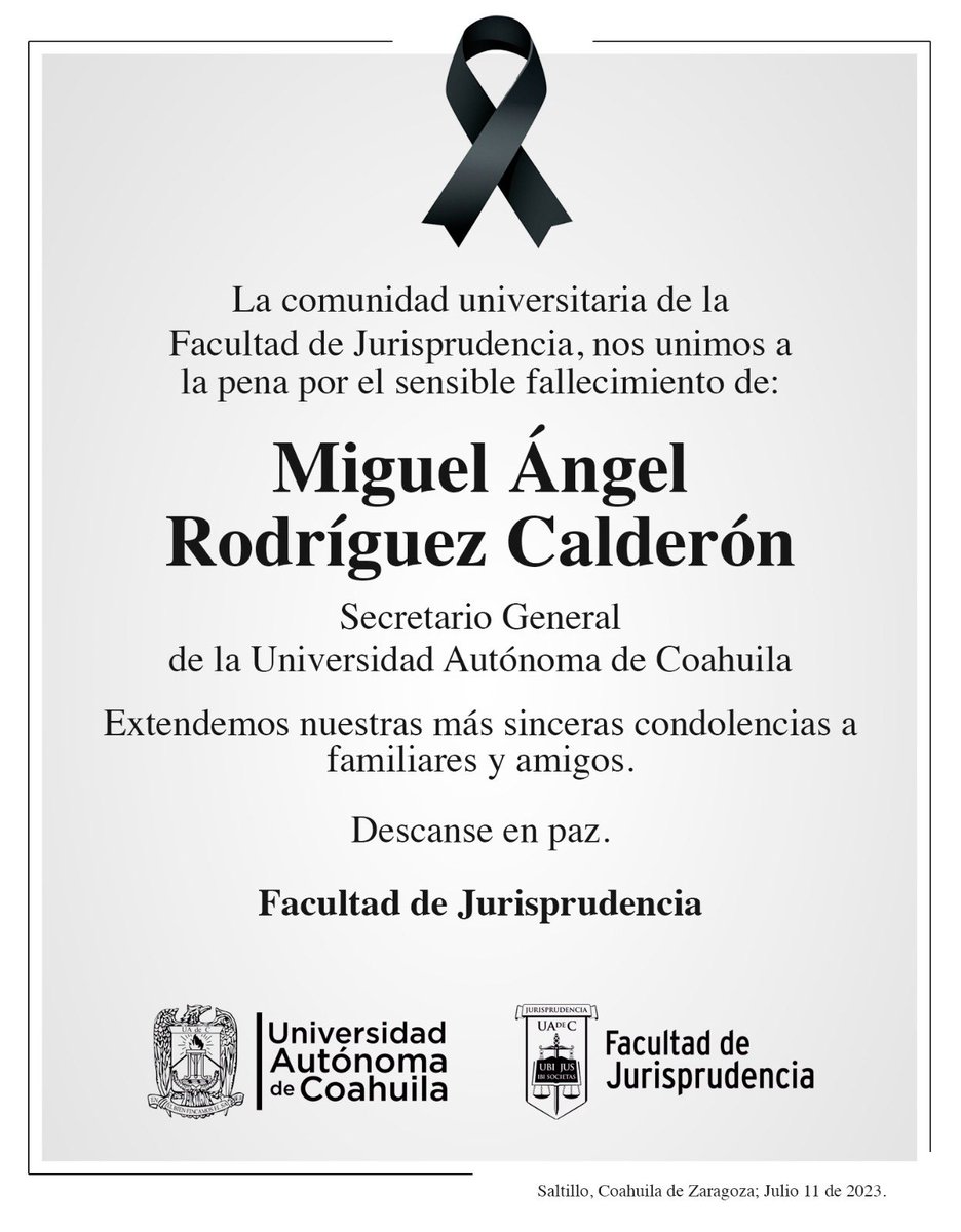 Nuestro más sentido pésame a la familia y amigos del Secretario General de nuestra máxima casa de estudios, Miguel  Ángel Rodríguez Calderón.