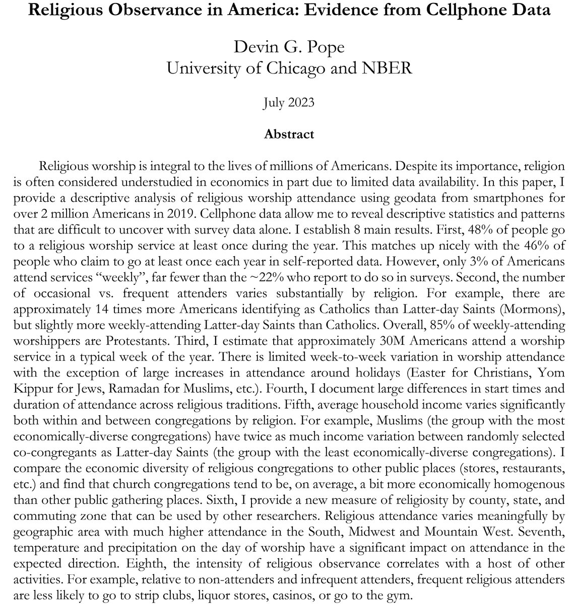 I am wrapping up a paper (see abstract below) titled 'Religious Observance in America: Evidence from Cellphone Data'. I have a gazillion figures about religion that I think are pretty interesting and make for fun Twitter content.