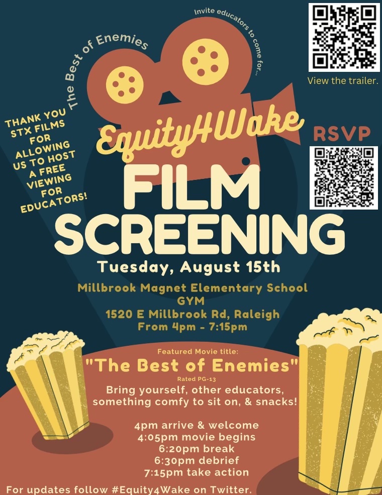 "The Best of Enemies Film" Screening &amp; Debrief for Educators! Join us as we learn local lessons from the past that we can apply to the present.  

HUGE shout out to STX Films for helping us make this happen for educators in our community!   

REGISTER: eventbrite.com/e/equity4wake-…
