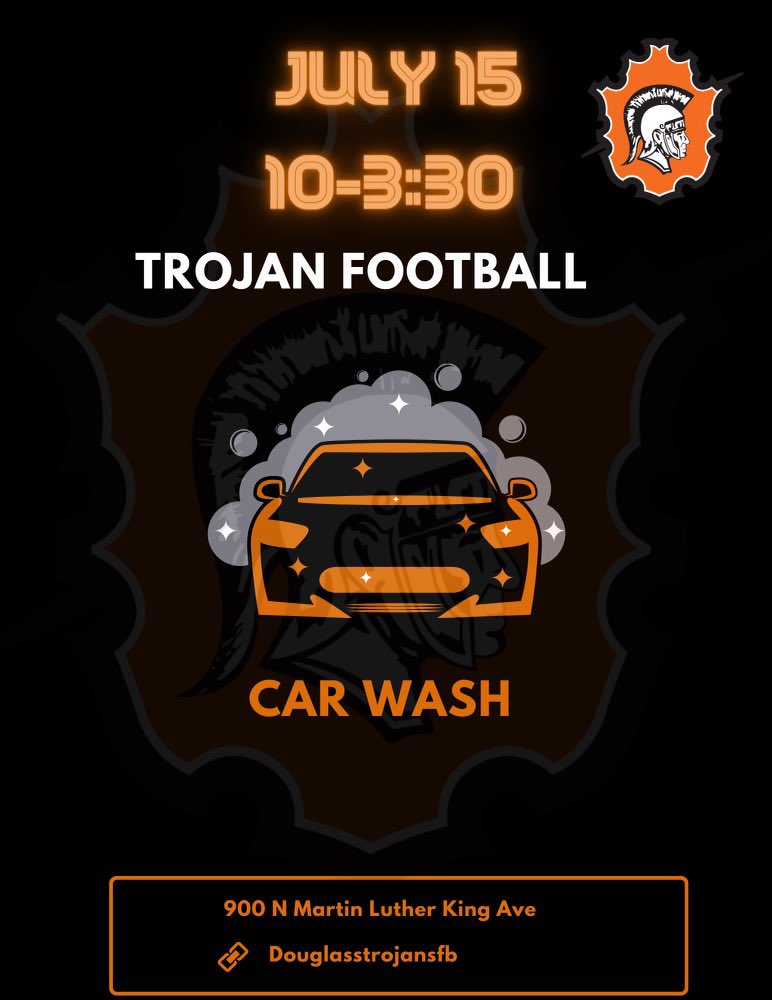 Hey Guys! THIS Saturday, July 15th we will be Hosting a car wash at Douglass high school. Please stop by and have your car washed or to simply show your support!! The Football team will be out washing cars from 10:00 a.m. until 3:00 p.m.

 #TrojanPride