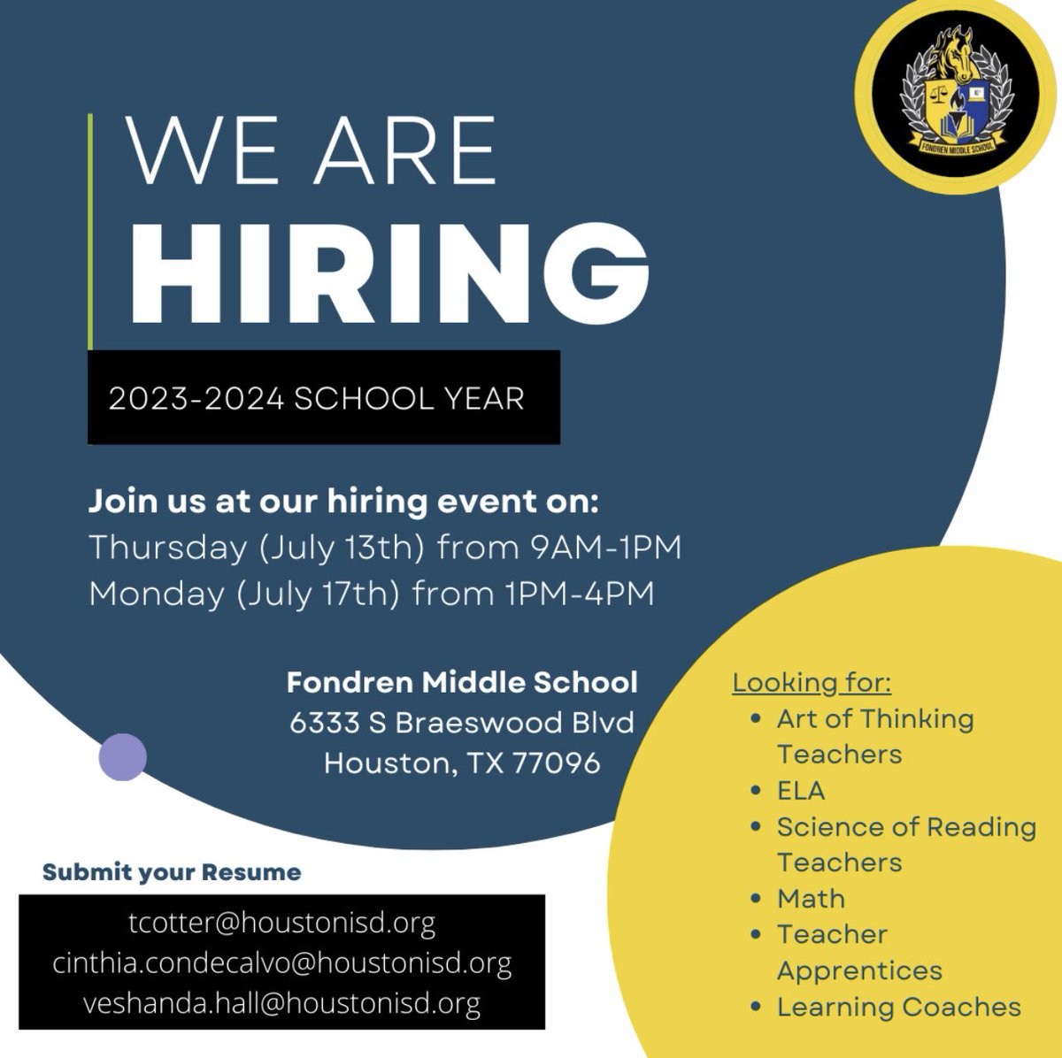 TJ Cotter (@tjcotter) on Twitter photo <a href="/FondrenMS_HISD/">Fondren Middle School</a> is seeking world-class talent to cultivate a campus of learning and improved student outcomes for the 2023-2024 school year ‼️ <a href="/FondrenMS_HISD/">Fondren Middle School</a> is seeking world-class talent to cultivate a campus of learning and improved student outcomes for the 2023-2024 school year ‼️