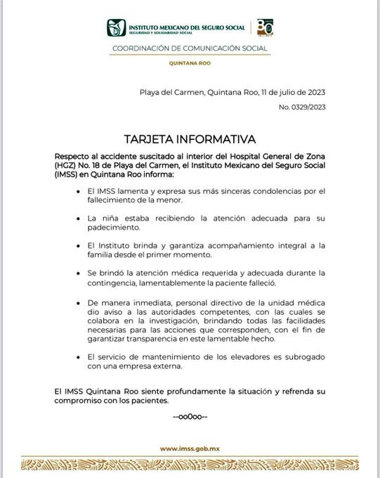 Escandaloso el nivel de indolencia del IMSS con la niñita que se les murió atrapada en el elevador.

Pero mañana, la misma: 'nuestro corazón con las víctimas, vamos a abrir una carpeta de investi...' las mismas mamadas estériles desde el inicio de sexenio.

¿Dinamarca? Sus colas.