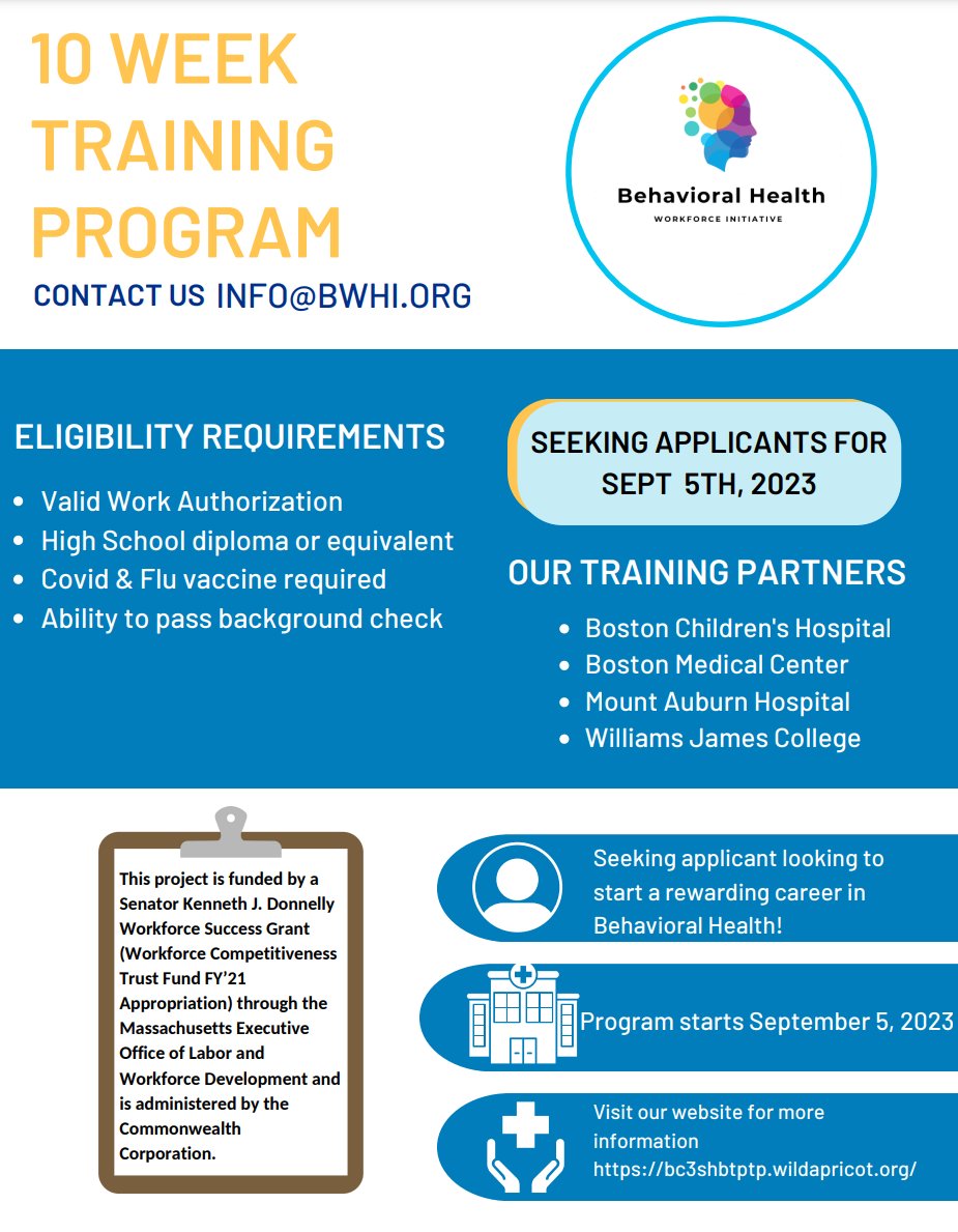Do you know someone in your network looking to become a Behavioral Health Technician? The Behavioral Health Workforce Initiative is now recruiting!

The next cohort of the program launches September 5, 2023!

For more information, please visit bc3shbtptp.wildapricot.org
