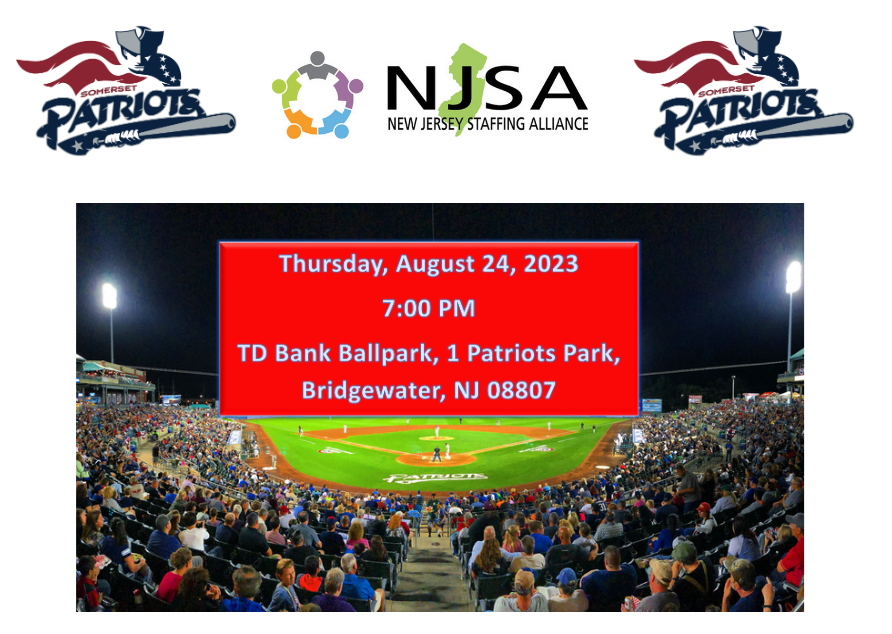 Join New Jersey Staffing Alliance for a night at the ballpark to watch the Somerset Patriots vs. New Hampshire. Friends and family members are welcome to join! lnkd.in/etiEJK6P
⚾️⭐️Thursday, August 24, 2023 - 7:00 p.m.⭐️⚾️

#NJSA #NewJersey #BBQ #baseballseason #network