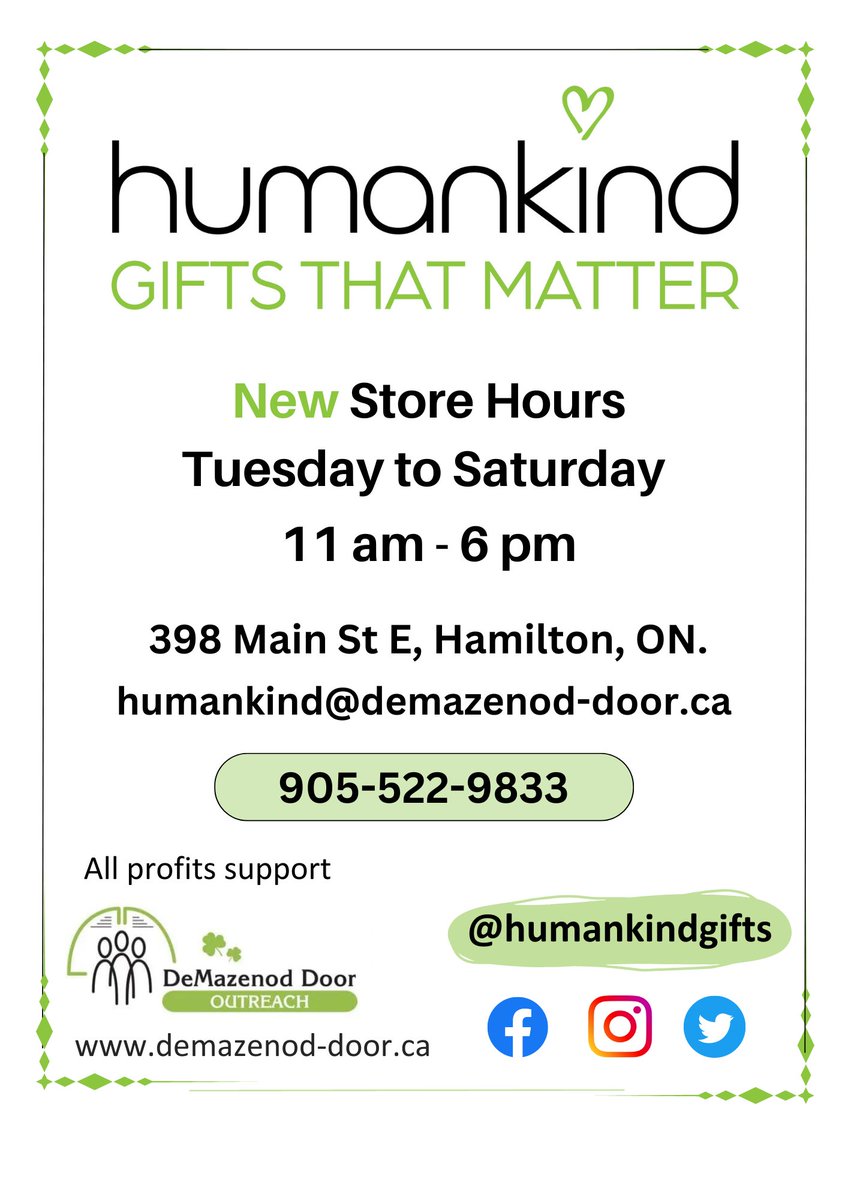 humankindgifts's tweet photo. Humankind Gifts Store is officially open from Tuesday to Saturday from 11 am to 6pm. We are ready to help you find the perfect gift for your loved ones and we hope to see you soon!
#hamont #demazenoddoor #DeMazenodDoor #demazenoddooroutreach #humankindgiftsthatmatter https://t.co/kZherbgt2U