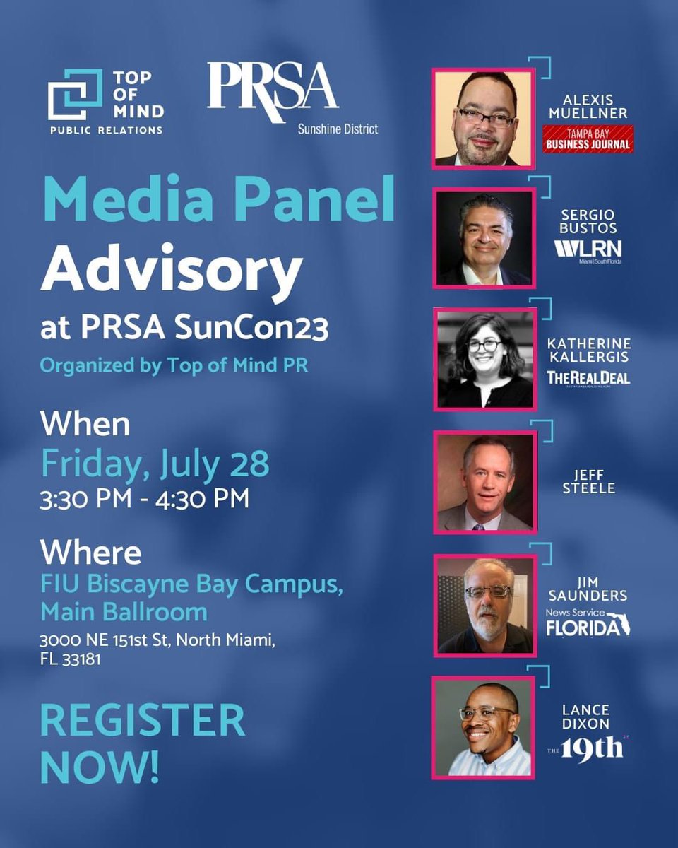 Are you attending the PRSA Sunshine District’s annual conference - SunCon23 - on July 27-28 in Miami? If so, don’t miss the Media Panel that Top of Mind PR President organized to help PR professionals strengthen their partnerships with key US journalists. 
prsasunshine.org/district-confe…