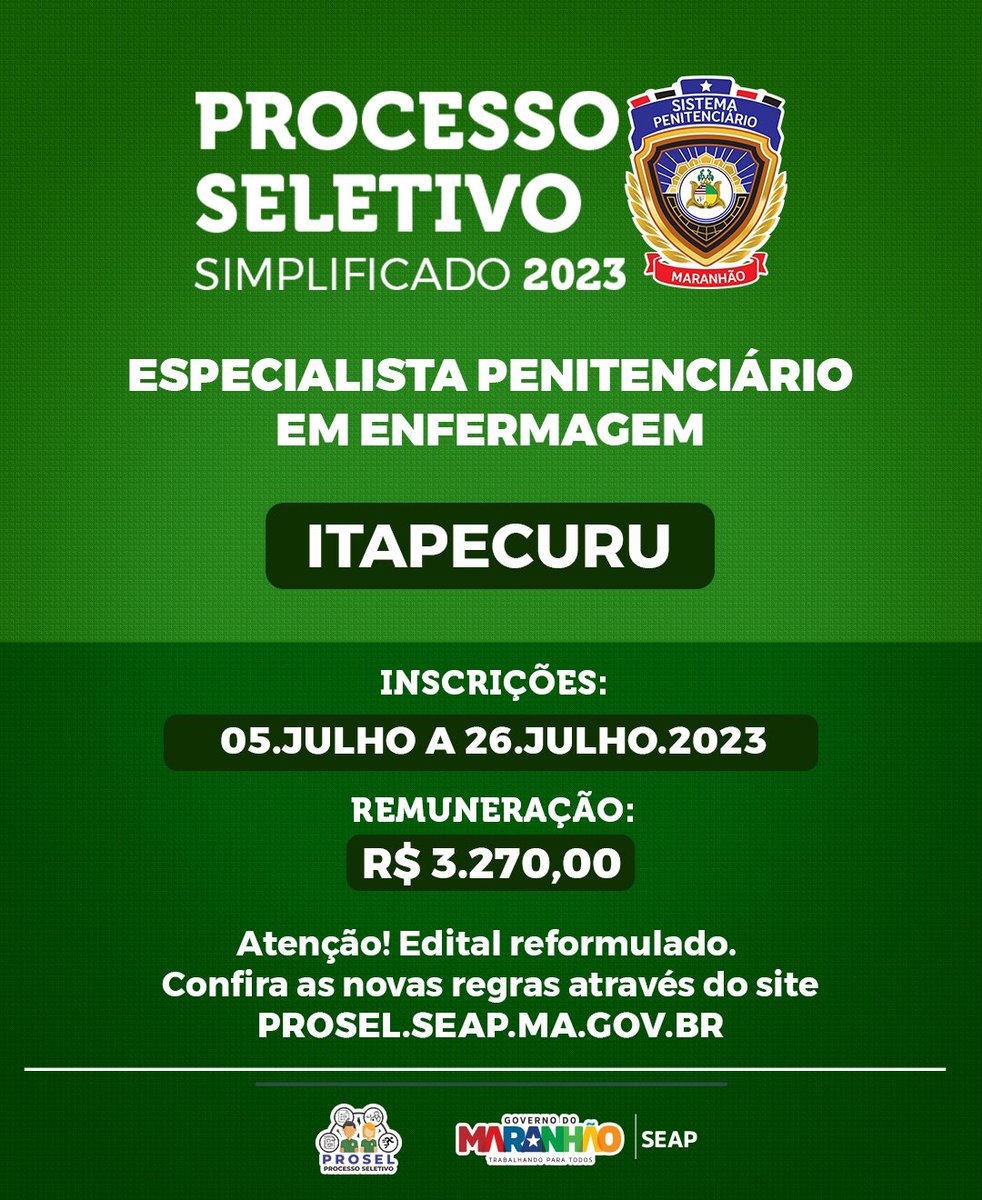 seap_ma's tweet image. A Secretaria de Estado de Administração Penitenciária abriu inscrições para novo Processo Seletivo, voltado para as cidades de São Luís e Itapecuru.

seap.ma.gov.br