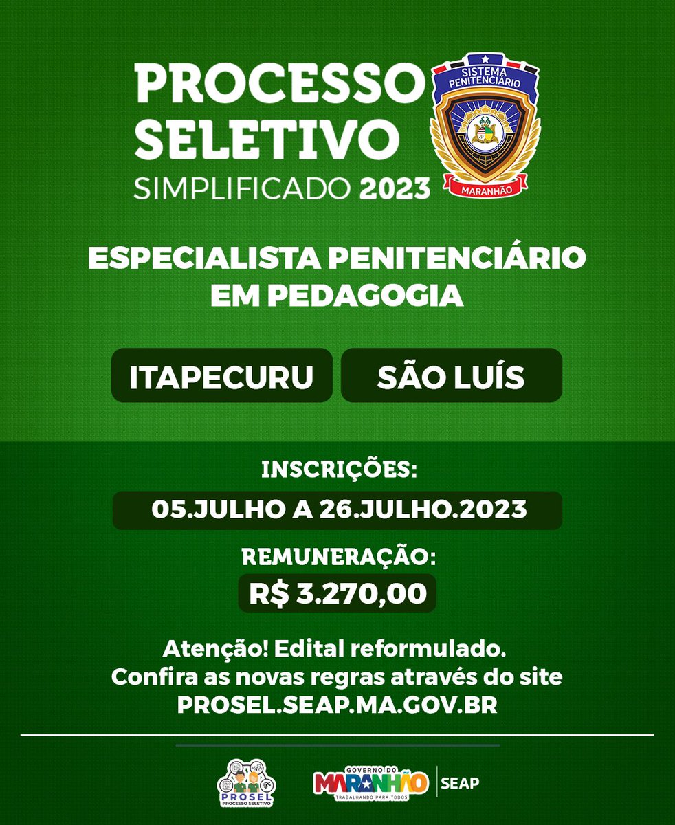 seap_ma's tweet image. A Secretaria de Estado de Administração Penitenciária abriu inscrições para novo Processo Seletivo, voltado para as cidades de São Luís e Itapecuru.

seap.ma.gov.br