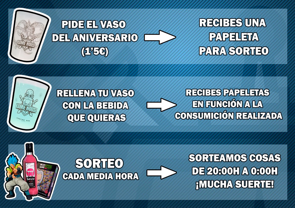 🔵 El sábado el bar funcionará como el año pasado🔵

➡️ABRIMOS A LAS 19:00h⬅️

🟢Pillais el vaso del Aniversario, os damos 1 papeleta para sorteo, lo rellenáis y os damos más papeletas 🟢

🎁 Empezamos 1er sorteo a las 20:00h desde ahí, CADA MEDIA HORA🎁

A las 00:30h FIESTÓN 🎊