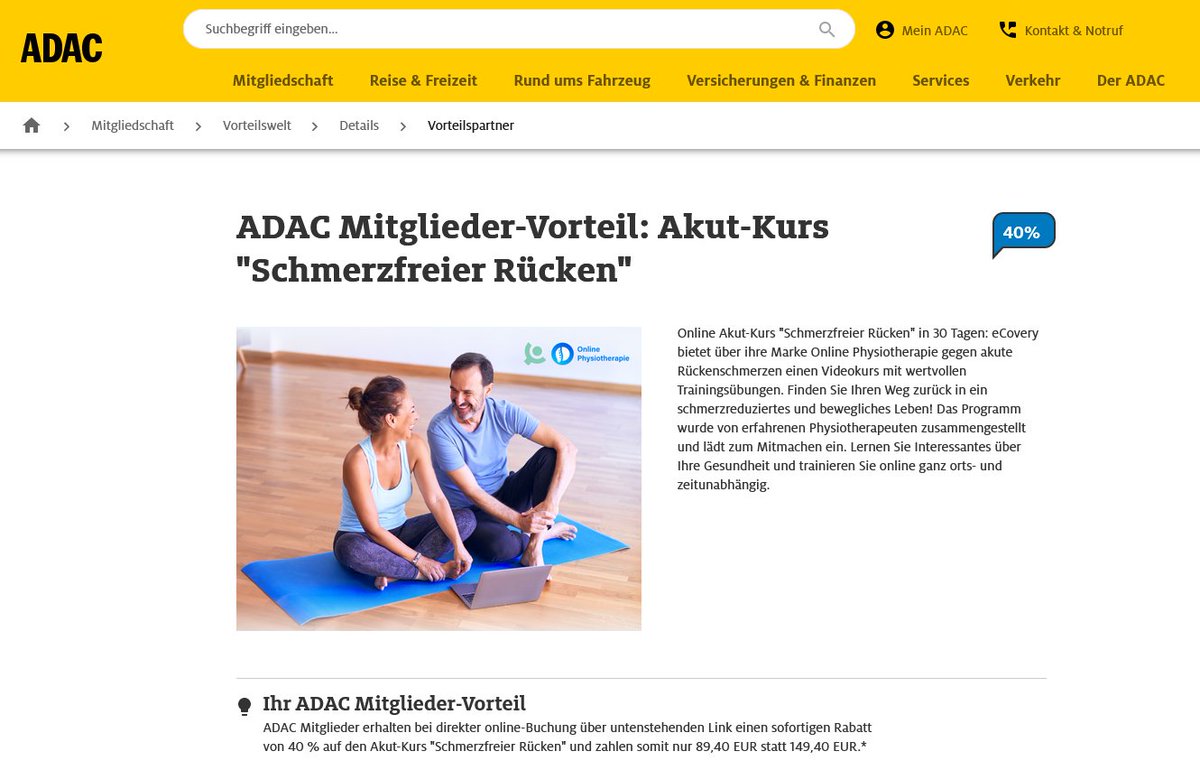 Gute Neuigkeiten: Wir sind jetzt offizieller Partner der <a href="/ADAC/">ADAC</a> #Vorteilswelt ! Mitglieder des #ADAC erhalten damit 40 Prozent Rabatt auf unseren Akut-Schmerzkurs Rücken. Mehr zum Angebot und den Vorteilen gibt's hier:  adac.de/mitgliedschaft…  #partnerschaft #vorteilsrabatt