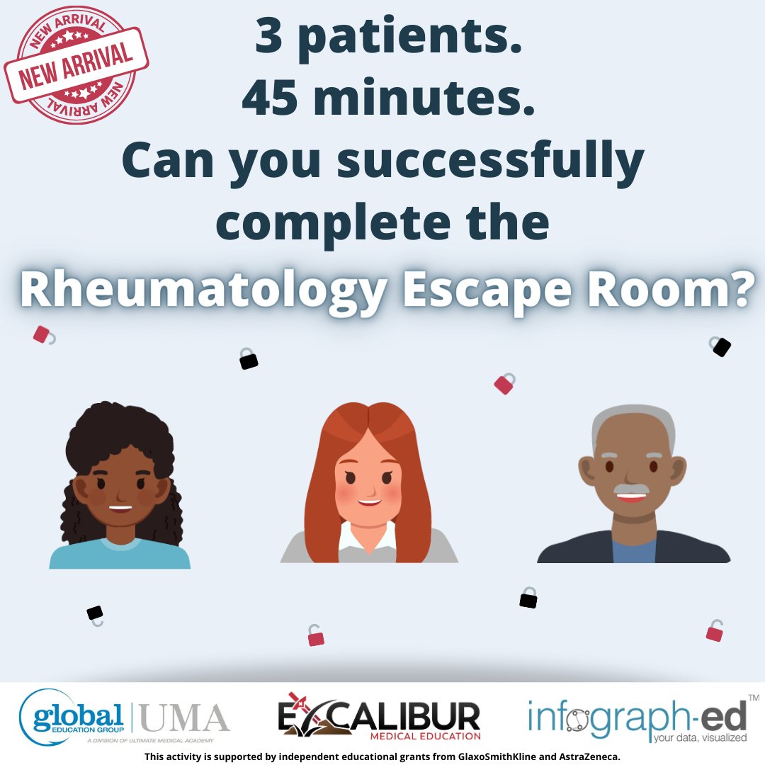 ExcaliburMedEd's tweet photo. This #accredited #CME activity spans 3 #lupus focused #rheumatology cases developed w/ Drs Kirchner &amp; Yedimenko. Can you collect the clues and escape??

https://t.co/W4eDdPlVZR

Educational grants from AstraZeneca &amp; GSK.

#meded @infograph_ed @GlobalEducationGroup @Excaliburmeded https://t.co/IEeofJuJpj