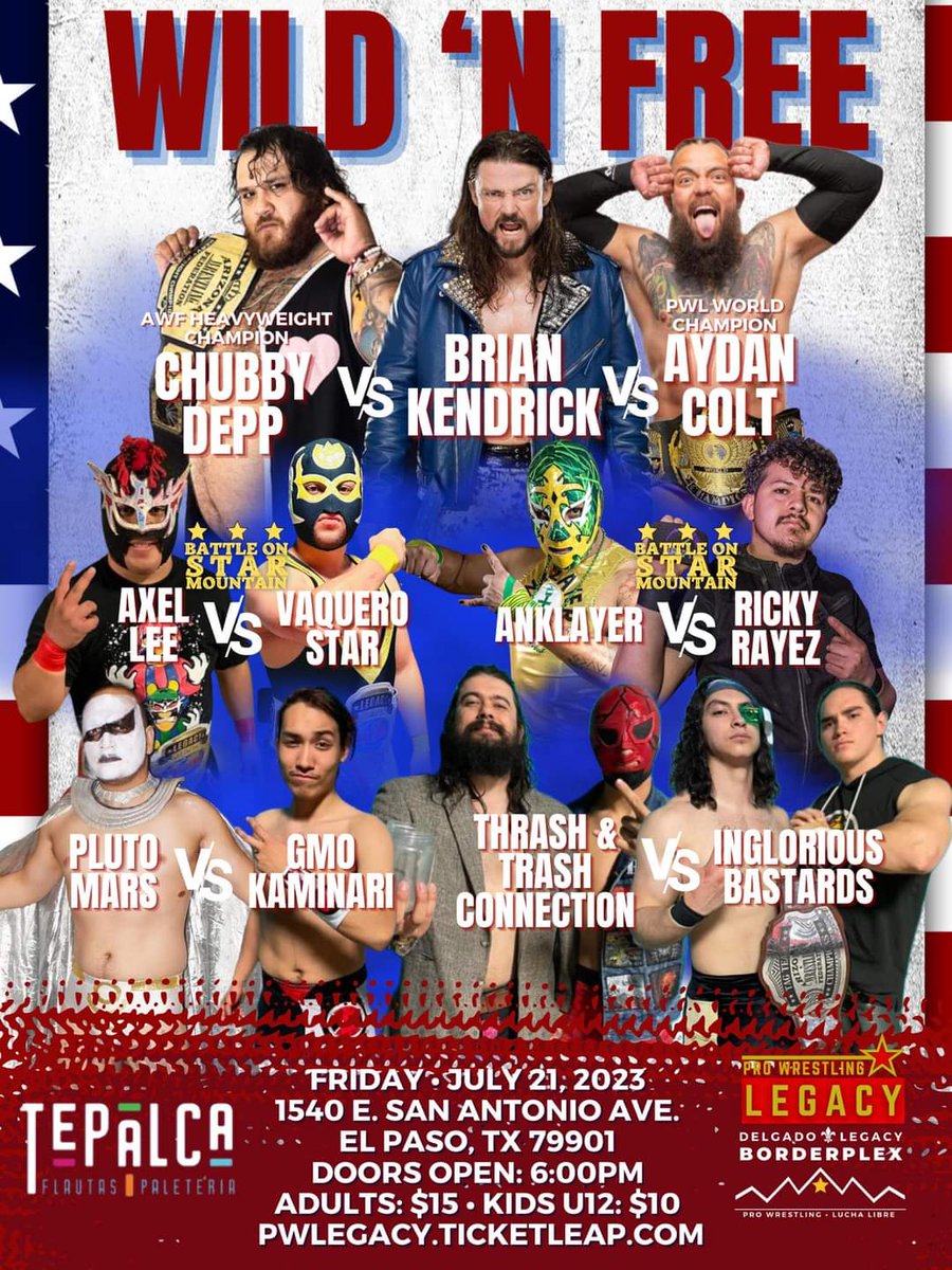 PWLegacyTX's tweet photo. Wild 'N Free on July 21st is set!!!! 
Huge triple threat action, Battle on star mountain 2nd round matchups, a bitter rivalry and much more!!!! 
Get your tickets here 👇👇
https://t.co/ENcMWZOkyF

#prowrestling #prowrasslin #independetwrestling #luchalibre #ElPaso #Juarez https://t.co/kupaTpbNjl