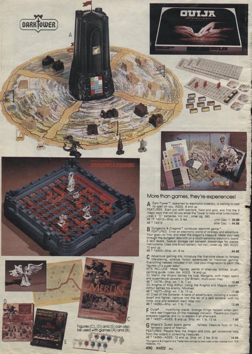 The Dark Tower board game, as featured in the 1981 Montgomery Ward Christmas catalog. 38.99 was crazy expensive back then. I always wanted it, but never got to play it. Anyone remember this one?
#80stoys