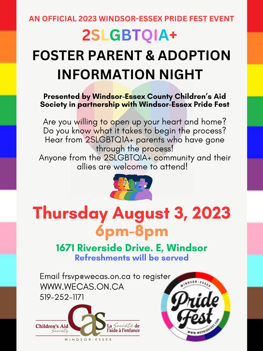 WecasR's tweet photo. An official 2023 Pride Fest Event... 2SLGBTQIA+ Foster &amp; Adoption Information Session tonight at 6pm!  
Email frsvp@wecas.on.ca to register today. 
We are excited to see you there! @WindsorEssexCAS #YGQ #2slgbtqia
#WEfosters #WEadopts https://t.co/tcoRV2k81N