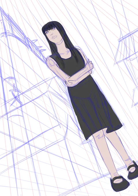 何となくラフと、ちょっと色を載せた段階で明日につなぐ。またしてもアオリ構図だが、まあいいか