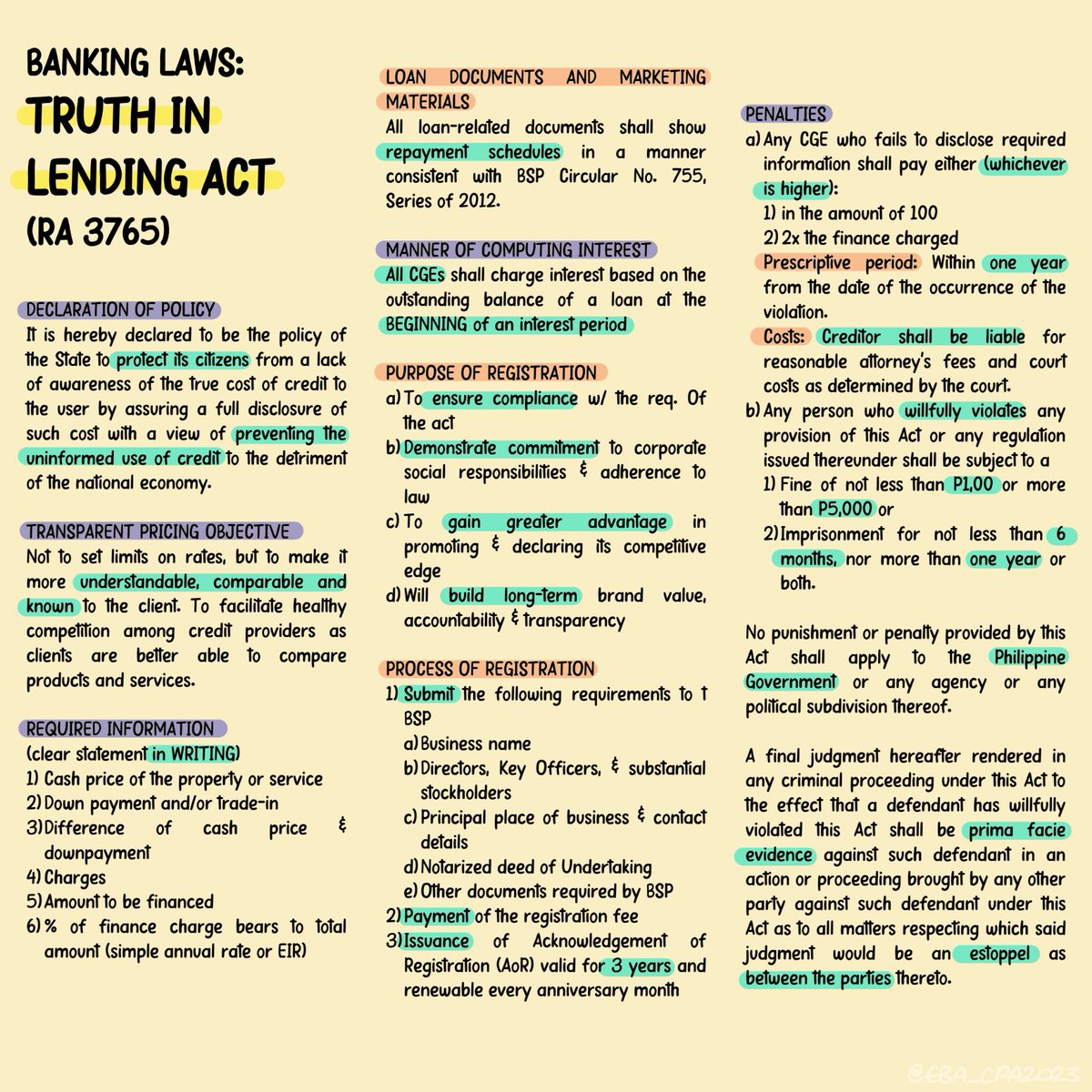 eba_cpa_mba's tweet photo. RFBT Notes: Banking Laws
>Secrecy of Bank Deposits
>PDIC Act
>Truth in Lending Act
>AMLA https://t.co/cQvUXnY5Ih