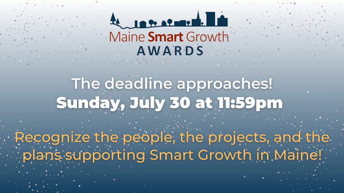 The deadline is fast approaching for nominations for our 2023 Maine Smart Growth Awards. It's easy to nominate a person, project or plan. The award winners will be announced live at GrowSmart Maine’s Annual Summit on October 19 in Waterville. bit.ly/46hC15E