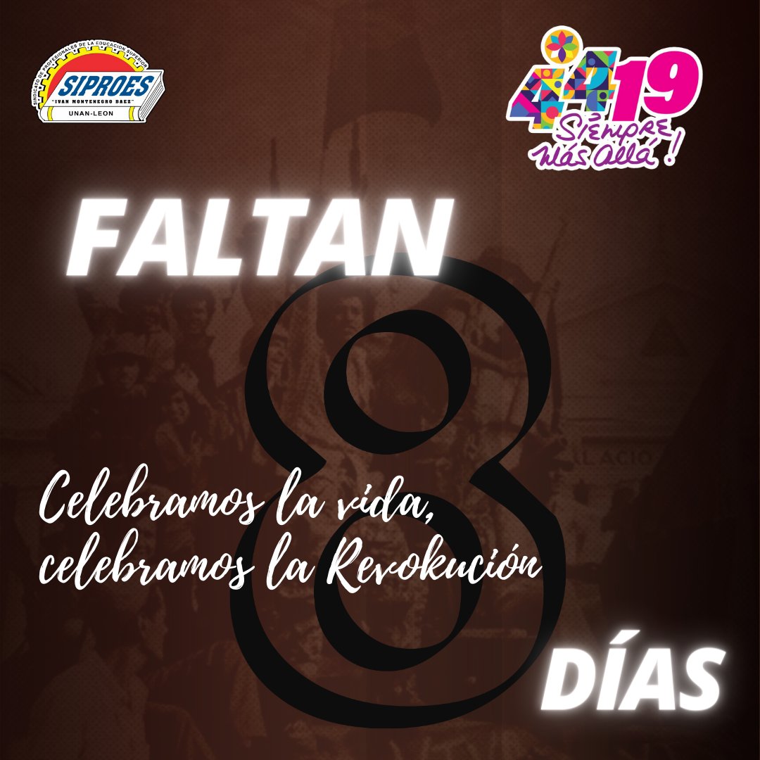 Faltan 8 días para conmemorar y celebrar la gesta mas grande del pueblo Nicaragüense, el Triunfo de Nuestra Revolución Popular Sandinista. Seguimos caminando en rutas de victorias, siempre más allá.
#LeonRevolucion  #4419SiempreVictoriosos 
#UnidosEnVictorias