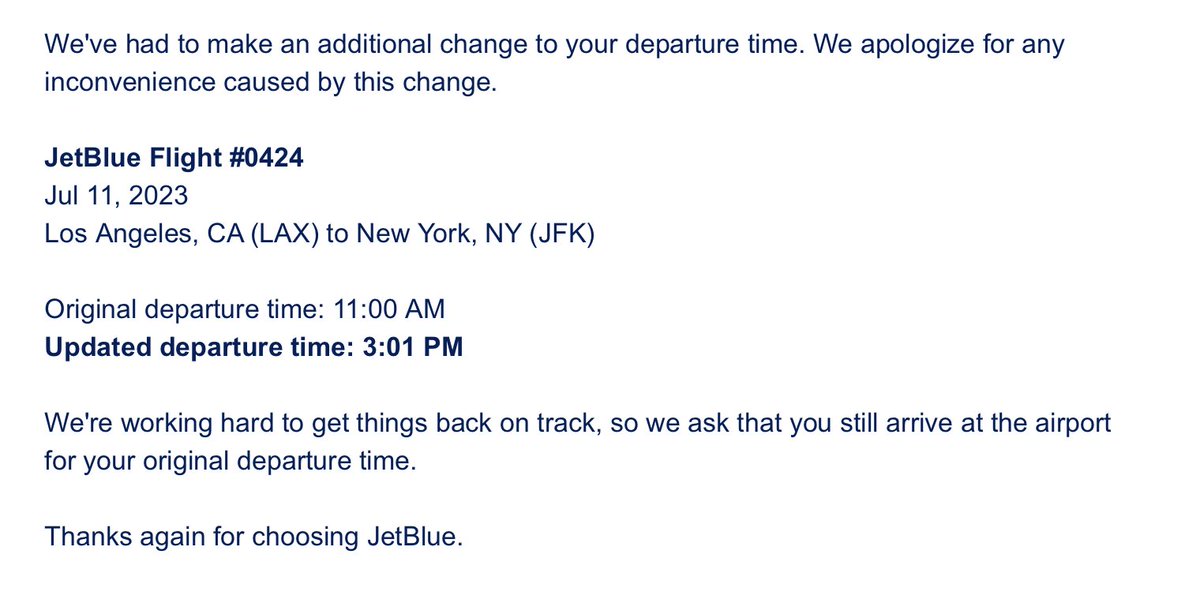 I don't mind a flight delay... but telling passengers you are delayed by 4 hours and to please be at the airport at the originally scheduled time is absurd and disrespectful to passengers... #airtravel