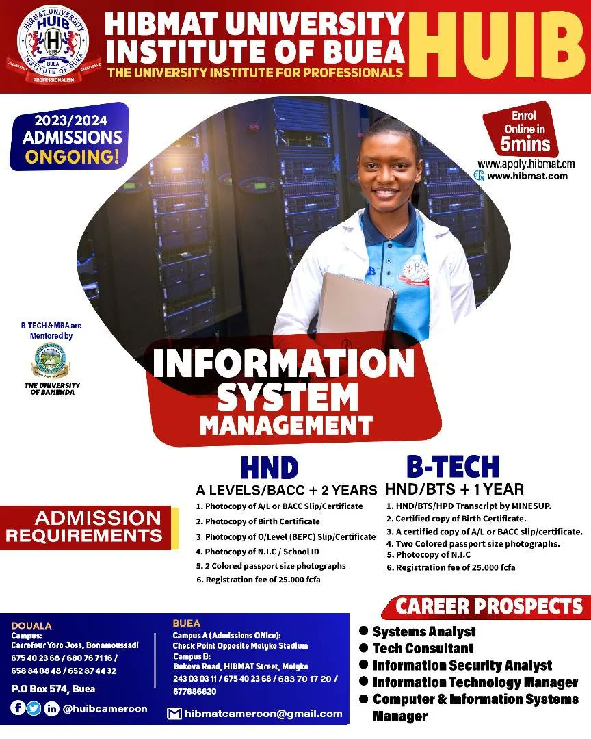 HuibCameroon's tweet photo. Harness the power of information systems, cybersecurity, and data analysis for business success with HUIB's Information Systems Management programme.
Admissions are ongoing in Buea and Douala!
Call/WhatsApp: +237 695709707/680767116 to register.
#HUIB #InformationSystems https://t.co/Ul4LVtWf9B