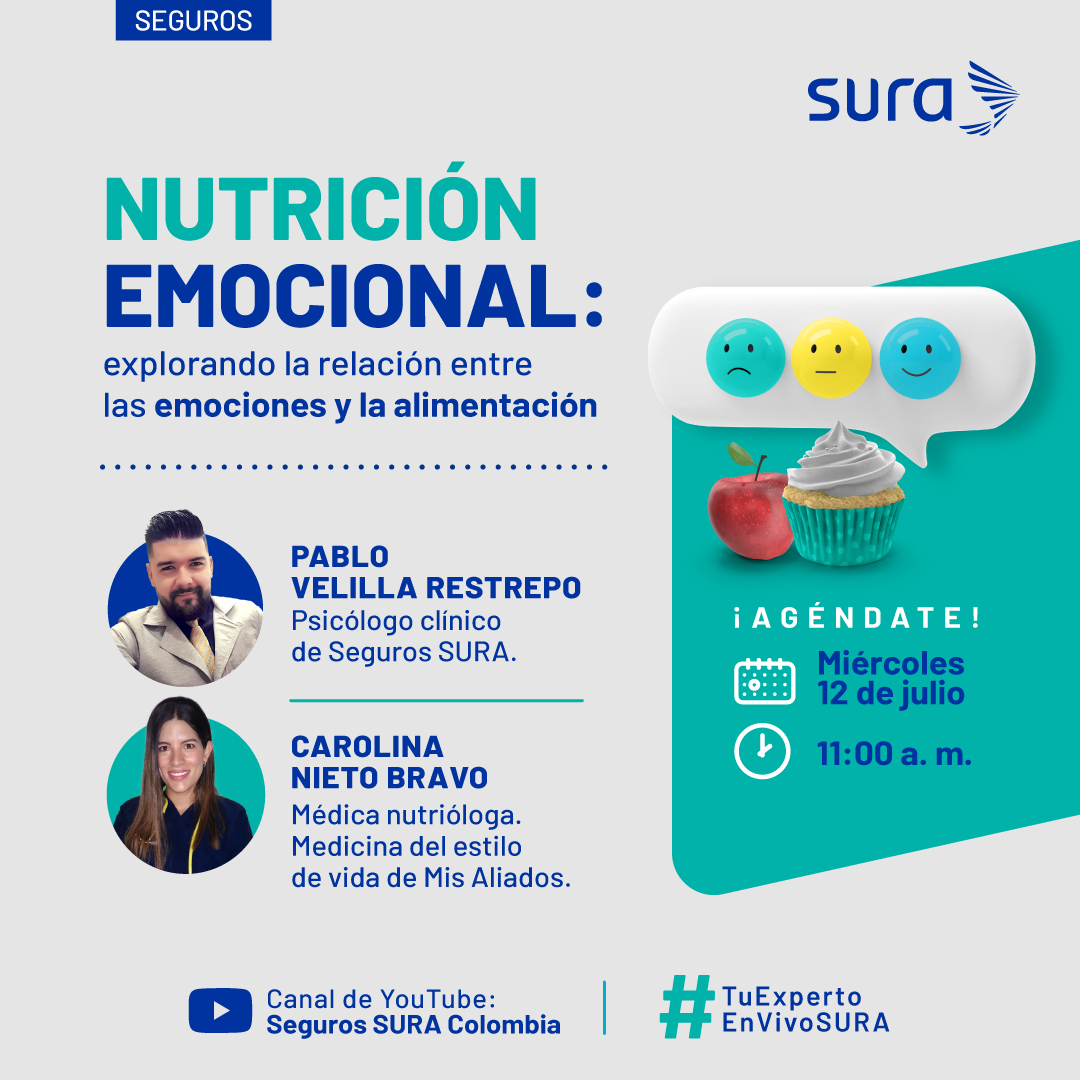 SegurosSURAcol's tweet photo. Aprender a alimentarte de forma sana, controlando la mente y las emociones es algo que se conoce como nutrición emocional, una tendencia saludable que trataremos en una nueva emisión de #TuExpertoEnVivoSURA.  

🗓12 de julio
⏰11:00 am.
🖥Link de conexión https://t.co/NKoVoMgMVk https://t.co/7cHl1Zzp7T