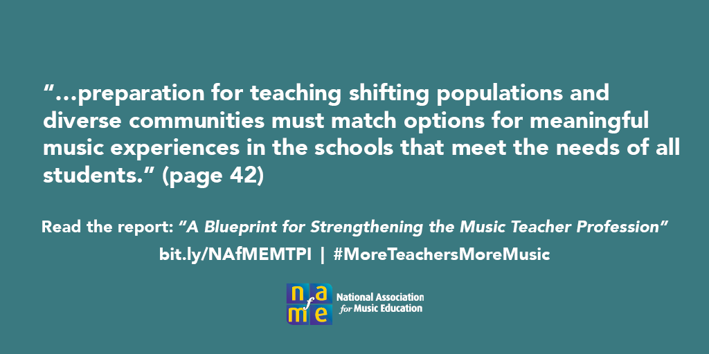 "A Blueprint for Strengthening the Music Teacher Profession” report outlines actions to ensure the music teacher profession is diversified, to keep music educators in the profession, &amp; recruit more music educators: bit.ly/NAfMEMTPI #MoreTeachersMoreMusic