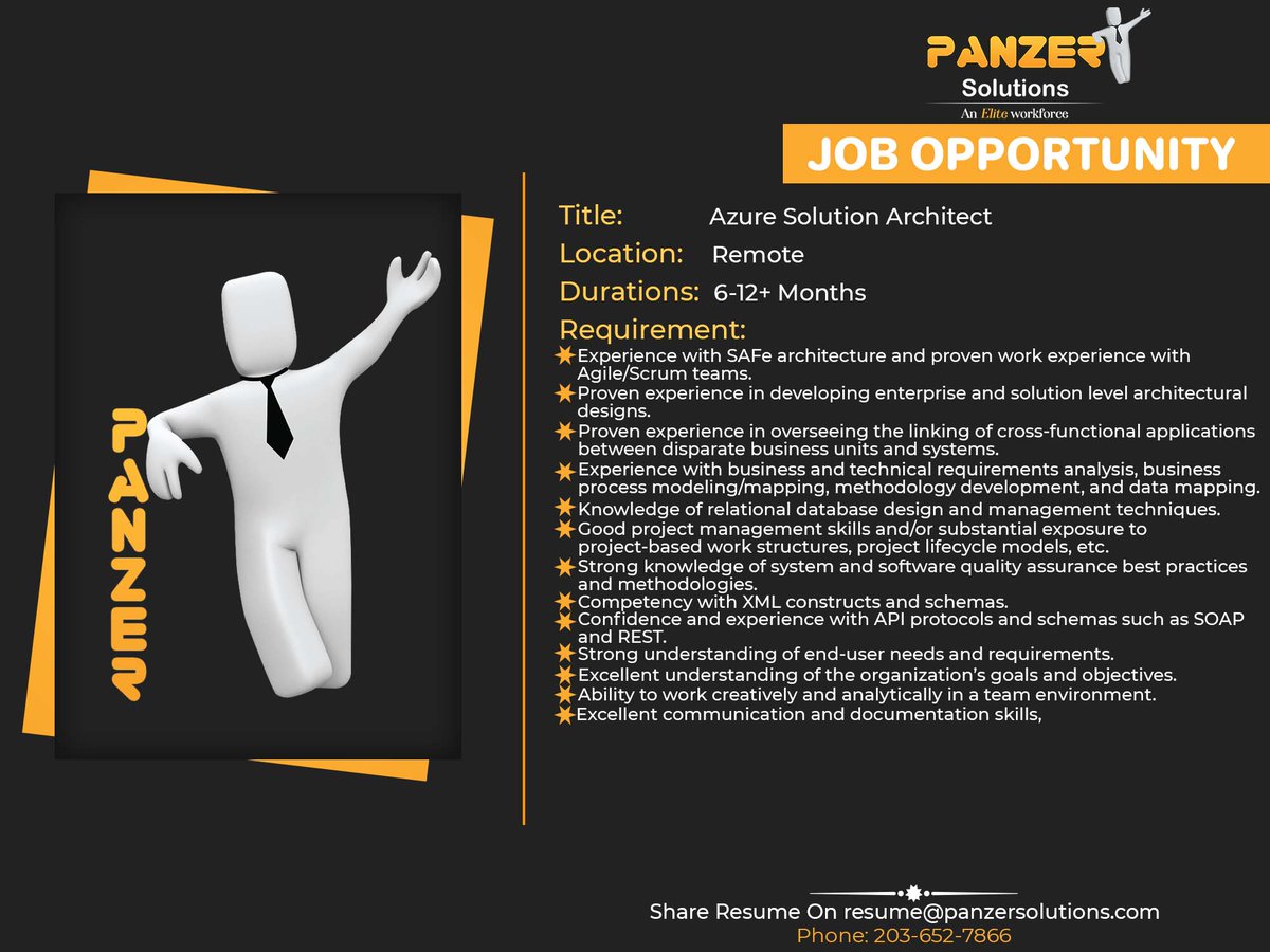 panzersolution's tweet image. Job Title: Azure Solution Architect
Location: Remote
Duration: 6-12+ Months
Share resumes at resume@panzersolutions.com
Or for more job requirements, click on the below link
Click Here: panzersolutions.com/jobopportunuti…
#PanzerSolutions #Azure #azuresolutions #architect #jobs #jobsearch